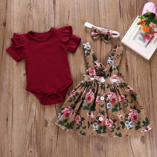Baby Girl Floral Print Dress Romper Headband Clothes Set 