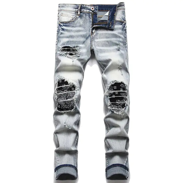 Men's Paisley Bandana Print Patch Jeans 