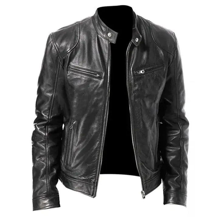 Men's Zip Cardigan PU Leather Jacket With Stand Collar 