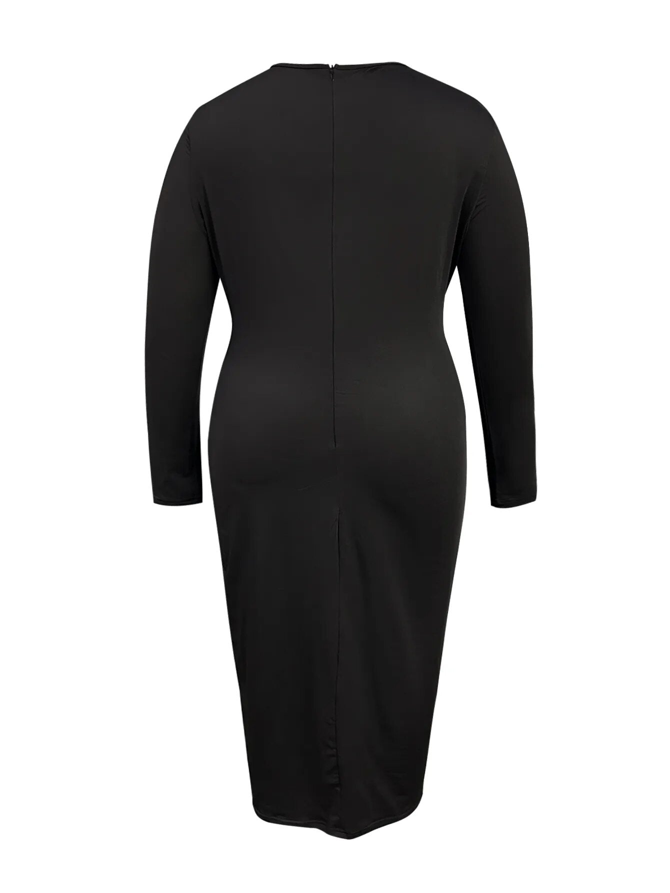 Plus Size Casual Dress, Women's Plus Solid Long Sleeve Round Neck Cut Out Midi Slim Fit Dress