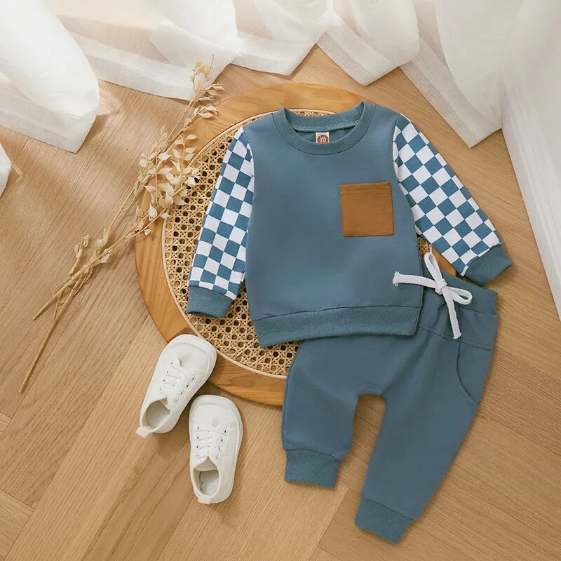 New Baby Boy Clothes Set Winter Autumn Suit Checkerboard Long Sleeve Sweatshirt Elastic Waist Pants Kids Infant Casual Outfits