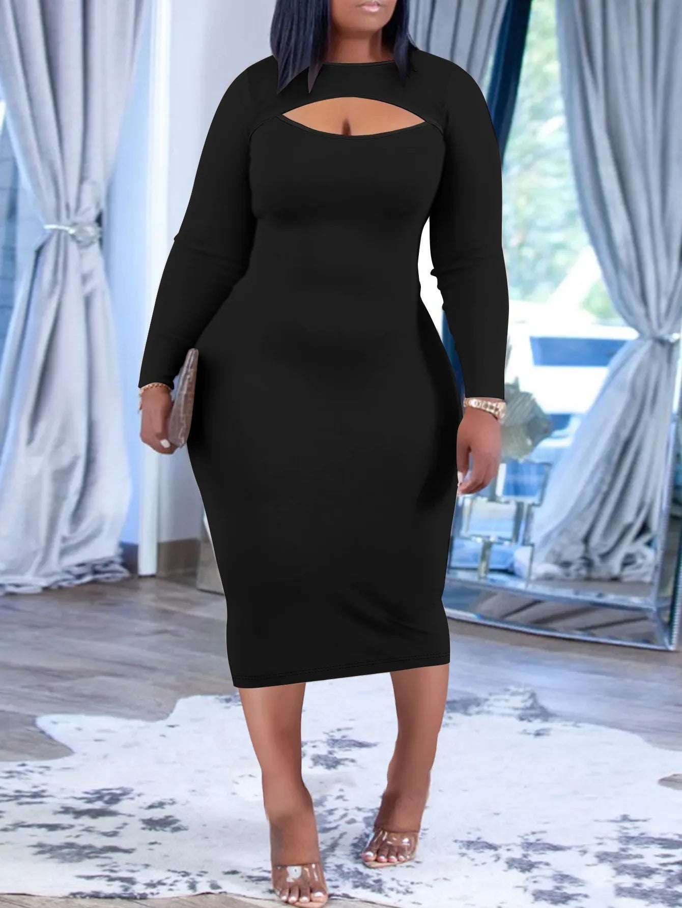 Plus Size Casual Dress, Women's Plus Solid Long Sleeve Round Neck Cut Out Midi Slim Fit Dress