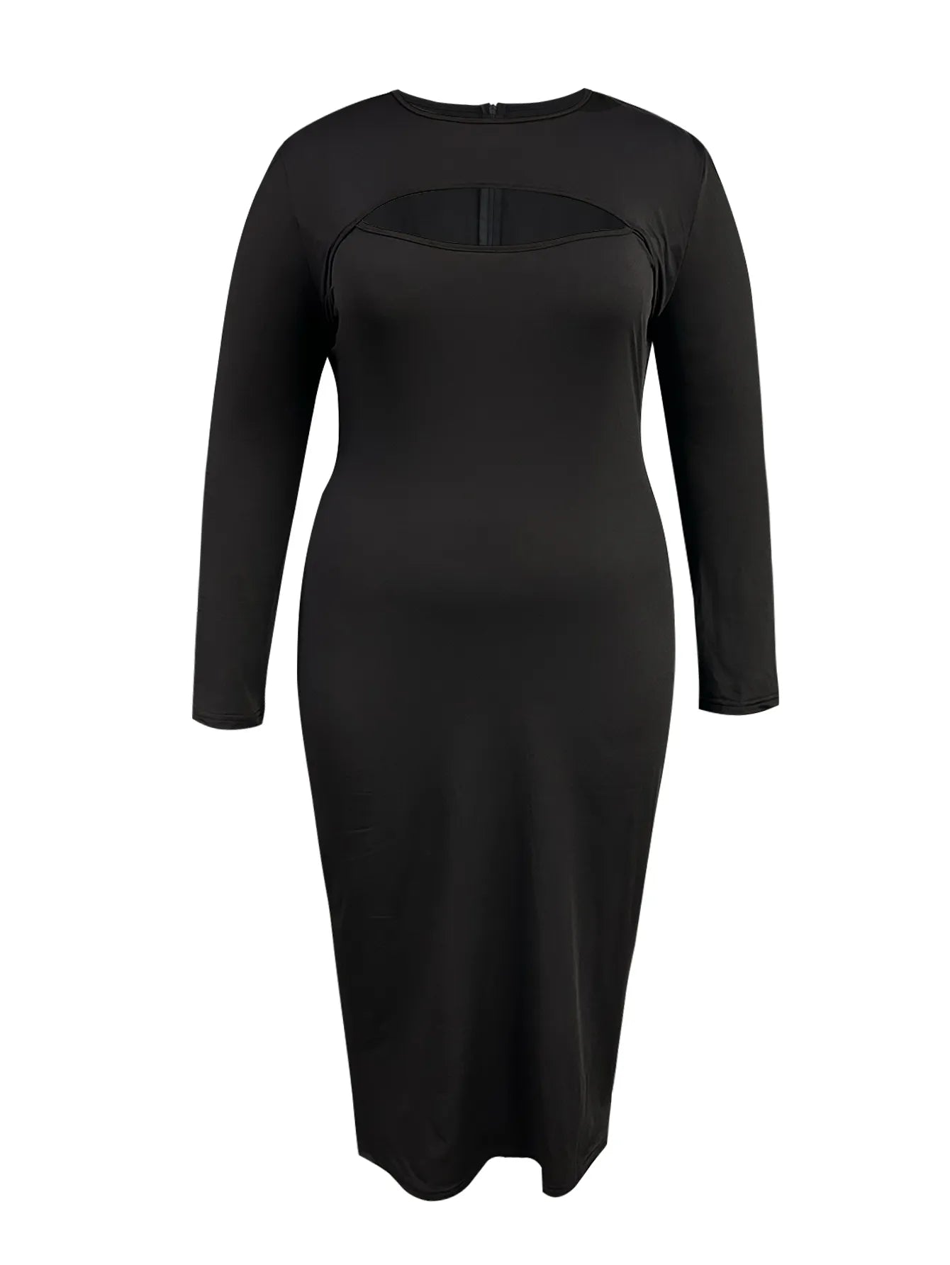 Plus Size Casual Dress, Women's Plus Solid Long Sleeve Round Neck Cut Out Midi Slim Fit Dress