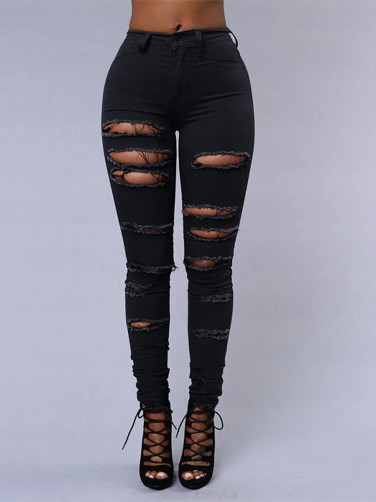 New Spring Summer Elastic Trousers Black and White Ripped Jeans Fashion Sexy Skinny Denim Pencil Pants S-3XL