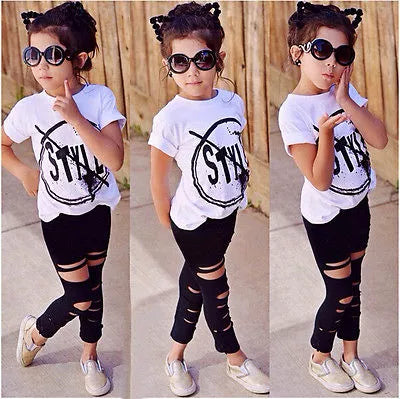 Kids Girls Clothes Set Baby Girl Summer Short Sleeve Print T-Shirt + Hole Pant Leggings 2PCS Outfit Children Clothing Set