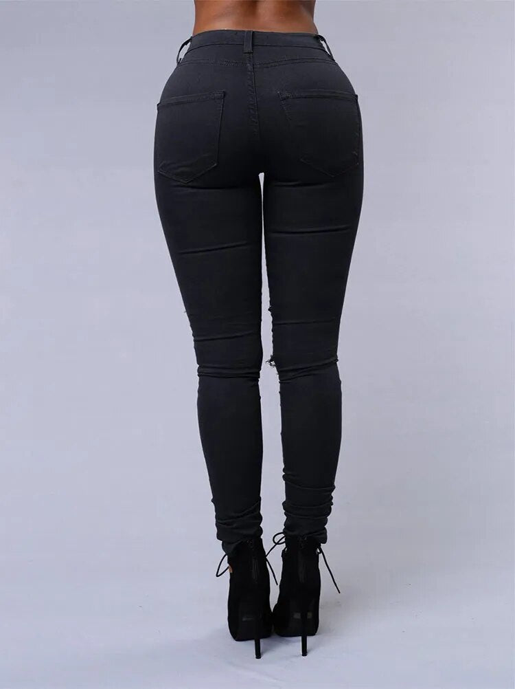 New Spring Summer Elastic Trousers Black and White Ripped Jeans Fashion Sexy Skinny Denim Pencil Pants S-3XL