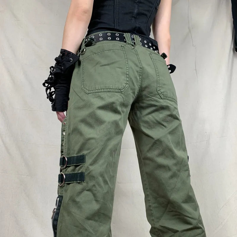 Women's Pants Gothic Punk Baggy Vintage Trousers Bandage Low Waist Cargo Pants Grunge Green Zipper Jeans