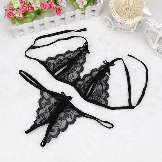 plus size Sexy Lingerie set Lace Bow Underwear women suit G-string transparent bra suit bandage underwear sets sexy нижнее белье