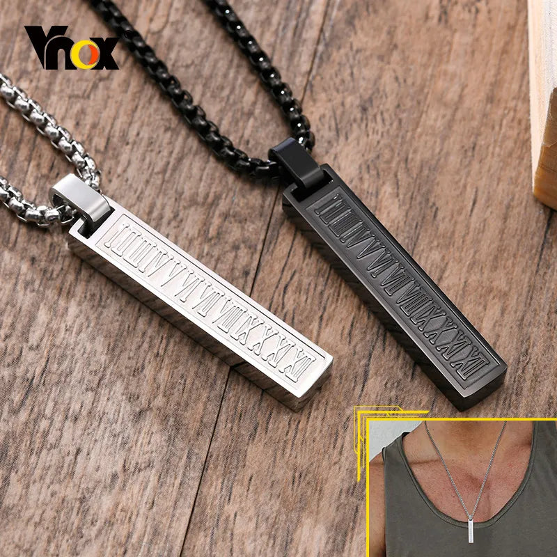 Vnox Stylish Roman Numerals Bar Necklaces for Men, Rock Punk Stainless Steel Vertical Tag Pendant Jewelry, Free Box Chain 24"