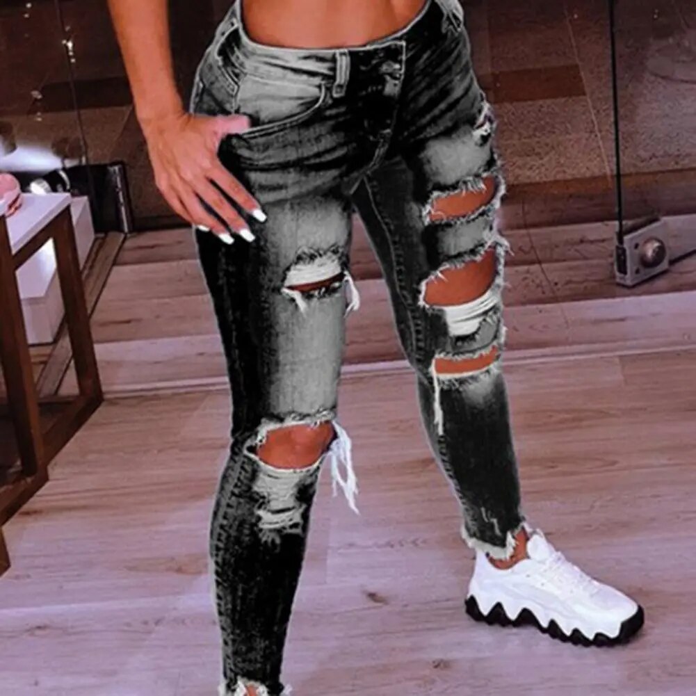 Ripped Holes Jeans Pencil Pants Fashion Women Jeans Low Waist Hip Lift Ripped Holes Skinny Denim Pencil Pants Trousers for Work