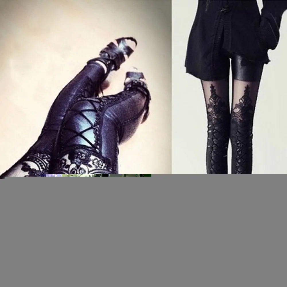 Stylish Sexy Women Faux Leather Gothic Punk Leggings Pants Lace Skinny Nine-point Trousers Leather Pants Belt Imitation A2E9