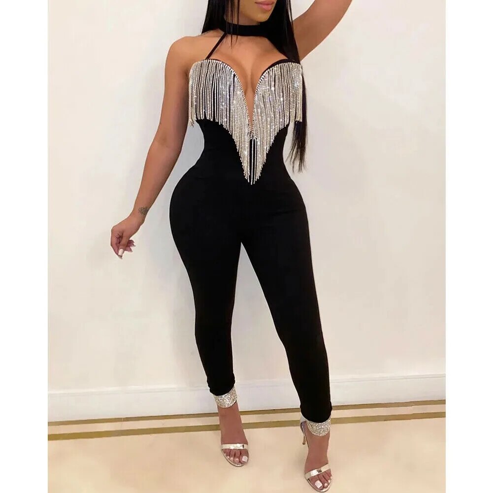 Women Tassels Jumpsuit Romper Spring Autumn Sleeveless V Neck Pants Jumpsuit Clubwear Trousers Outfit Clothes For Female