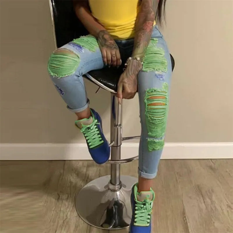 New Ripped Jeans For Women Yellow Scratch Denim Pencil Pants High Waisted Stretch Skinny Hollow Out Sexy Female Jeans