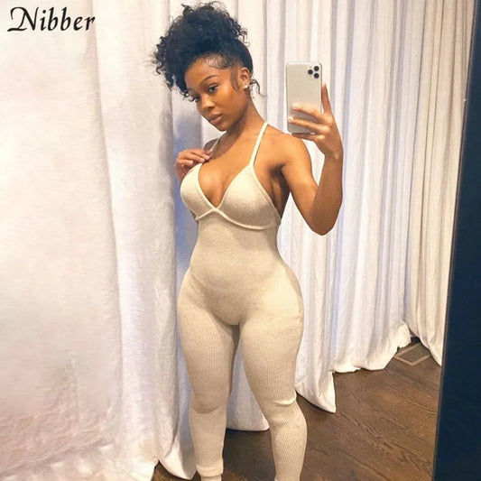 Nibber sexy backless hollow Ribbed knitting sling jumpsuits women club party night slim wear high street casual jumpsuits female