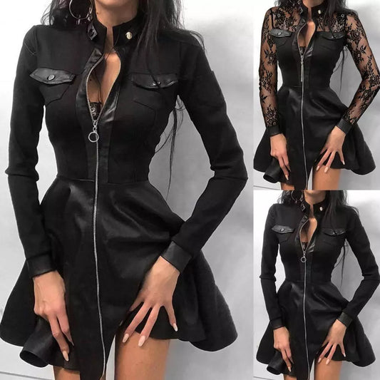 Women Long Sleeve Zipper Pocket Large Hem Faux Leather Lace Mini Dress Women's Clothing Elegant Fashion Party Dress vestidos 5XL