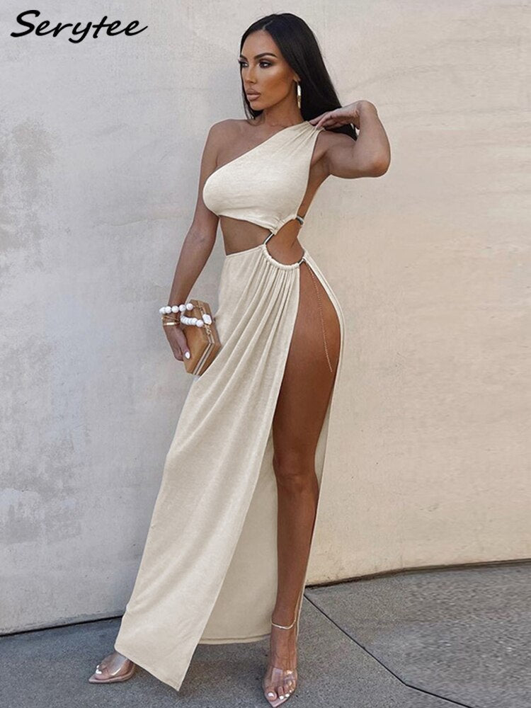 Serytee Sexy One Shoulder Beach Boho Cover Up Dress Women Summer High Split White Long Dress HolidayParty Robe 2022 Sundress