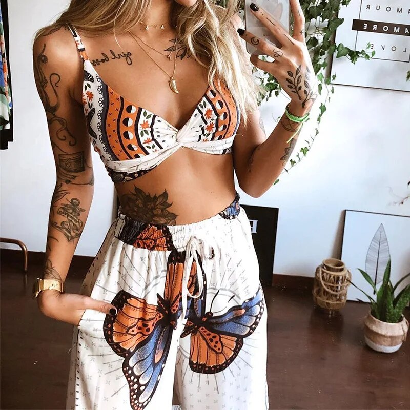 Women Fashion 2 Pieces Outfits Boho Print Sexy Sleeveless Crop Top Loose Wide Leg Pants Set Female Suit