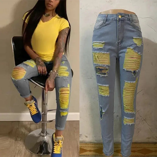 New Ripped Jeans For Women Yellow Scratch Denim Pencil Pants High Waisted Stretch Skinny Hollow Out Sexy Female Jeans