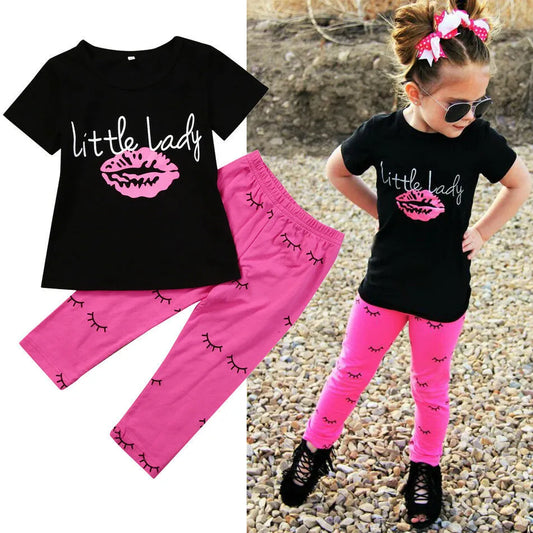 USA 1-6Year Kid Clothes Baby Girl Clothes Outfits T-shirt Letter Lip Tops +Printed Long Pants Clothes Girls Clothes Sets