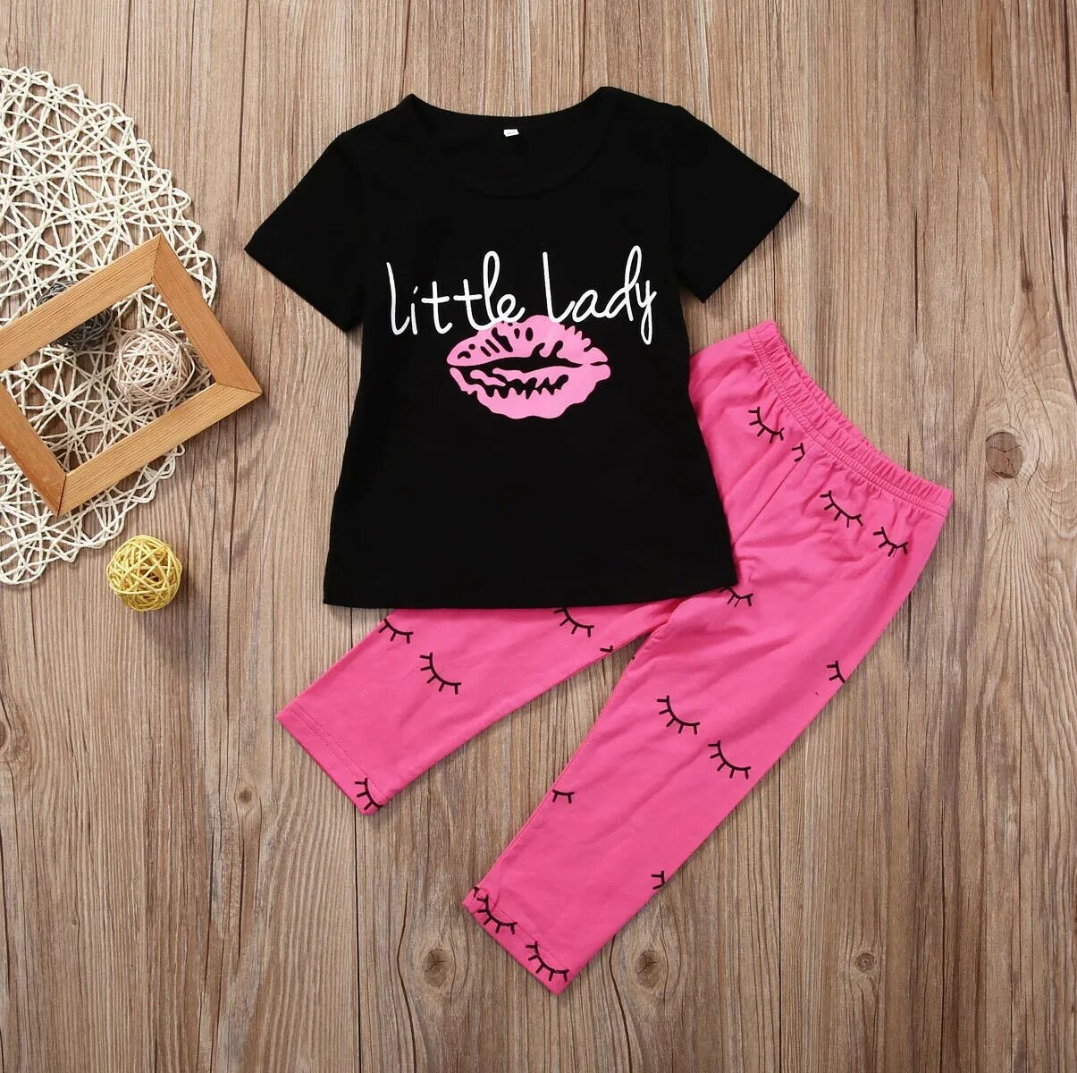 USA 1-6Year Kid Clothes Baby Girl Clothes Outfits T-shirt Letter Lip Tops +Printed Long Pants Clothes Girls Clothes Sets