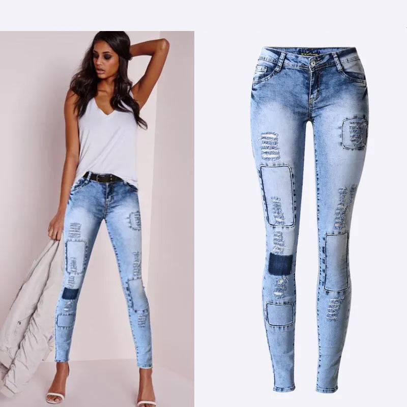 Summer Style Low Waist Sky Blue Patchwork Skinny Tights Women Pencil Jeans High Stretch Sexy Push Up Denim Women Fashion Jeans