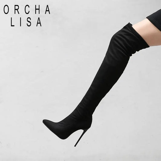 ORCHA LISA Winter Shoes Women Stilettos Thin Heels Over The Knee Boots Pointed Toe Stretched Zipper Thigh high Booties  US 13 15