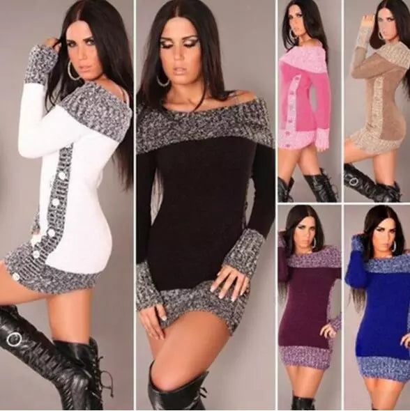 New Winter Sweater Women Sexy Off Shoulder Color Block Sweater Dress Buttons Knitted Long Pullover Top sweater women