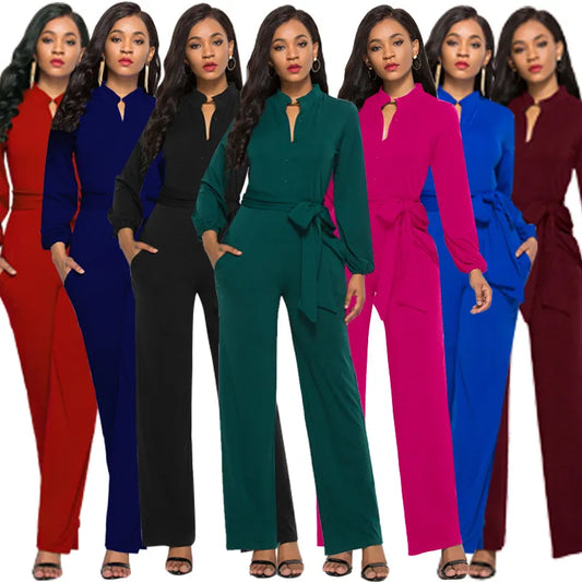 Women bandage long sleeve v-neck wide leg pants rompers women jumpsuit sexy jumpsuits women jumpsuit  romper