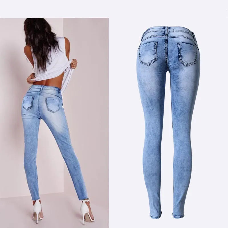 Summer Style Low Waist Sky Blue Patchwork Skinny Tights Women Pencil Jeans High Stretch Sexy Push Up Denim Women Fashion Jeans pants