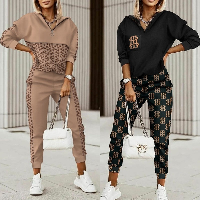 New Fashion Women Plaid Print Zipper Front Hooded Top & Pants Set Two Pieces Suit Flare Pants Outwear