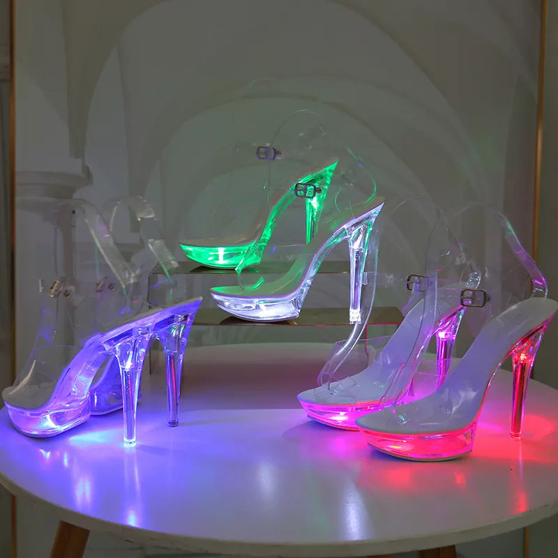 Light Up Glowing Shoes Woman Luminous Clear Sandals Women Platform Shoes LED 13cm High Heel Transparent Stripper Heels Shoes 