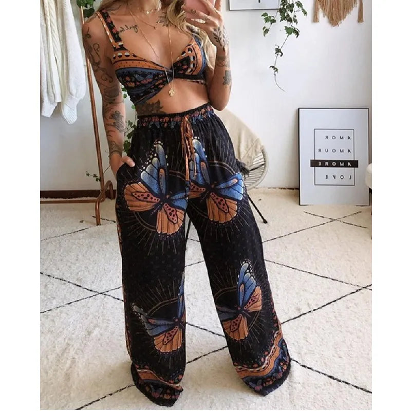 Women Fashion 2 Pieces Outfits Boho Print Sexy Sleeveless Crop Top Loose Wide Leg Pants Set Female Suit