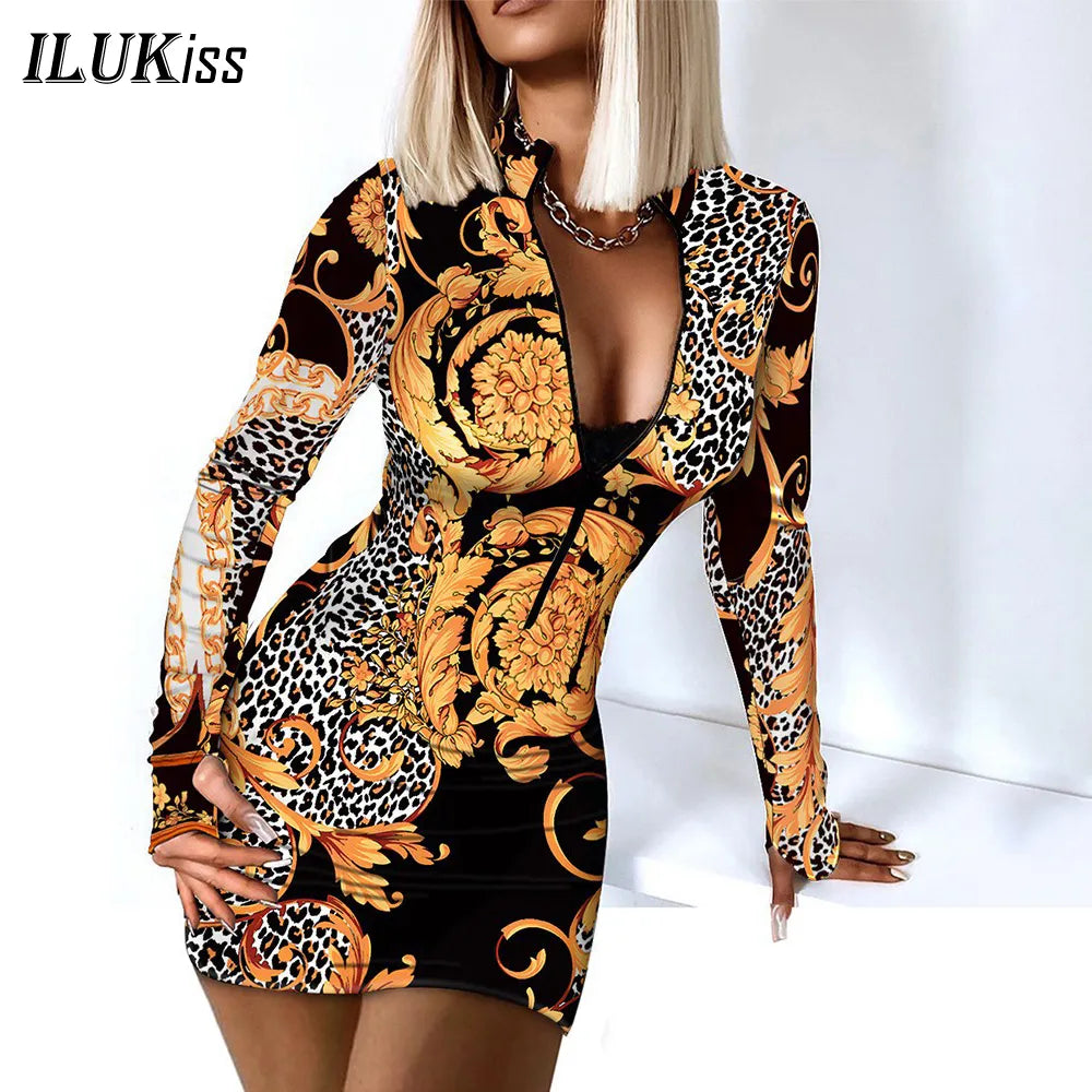 Sexy Long Sleeve Bodycon Mini Dress Women Autumn 2023 Fashion Deep V Neck Print Club Outfits Party Dresses Casual Robe Femme