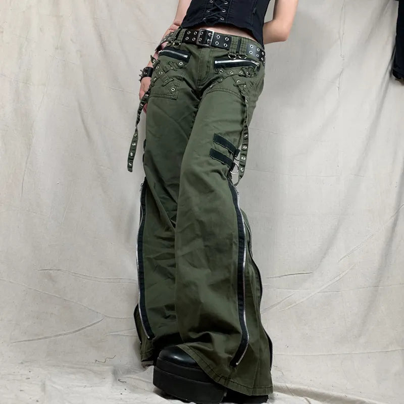 Women's Pants Gothic Punk Baggy Vintage Trousers Bandage Low Waist Cargo Pants Grunge Green Zipper Jeans pants