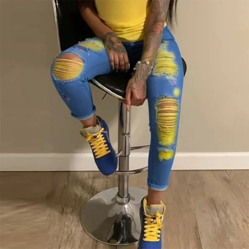 New Ripped Jeans For Women Yellow Scratch Denim Pencil Pants High Waisted Stretch Skinny Hollow Out Sexy Female Jeans