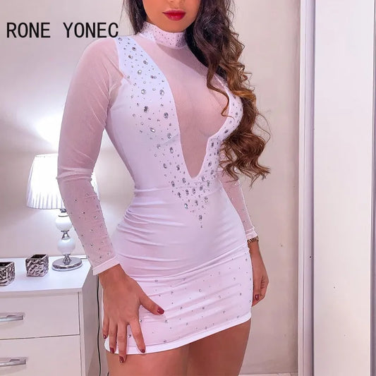 Women Sexy Patchwork  Rhinestone Turtleneck Mesh Bodycon Long Sleeves Mini Sexy White Dresses