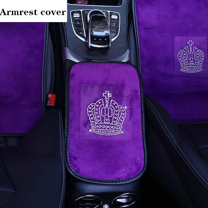 Purple Car Accessories Sparkle Auto Seat Cover Universal Cushion Front Rear Full Set Crystal Crown Noble Winter for Girls Women