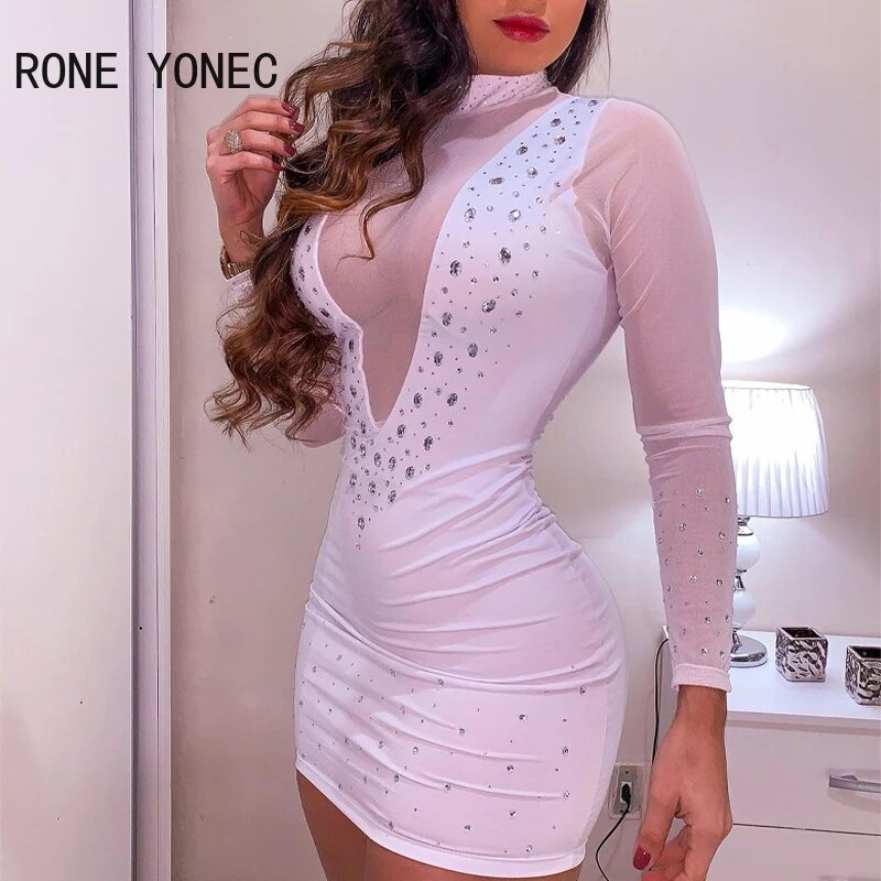 Women Sexy Patchwork  Rhinestone Turtleneck Mesh Bodycon Long Sleeves Mini Sexy White Dresses