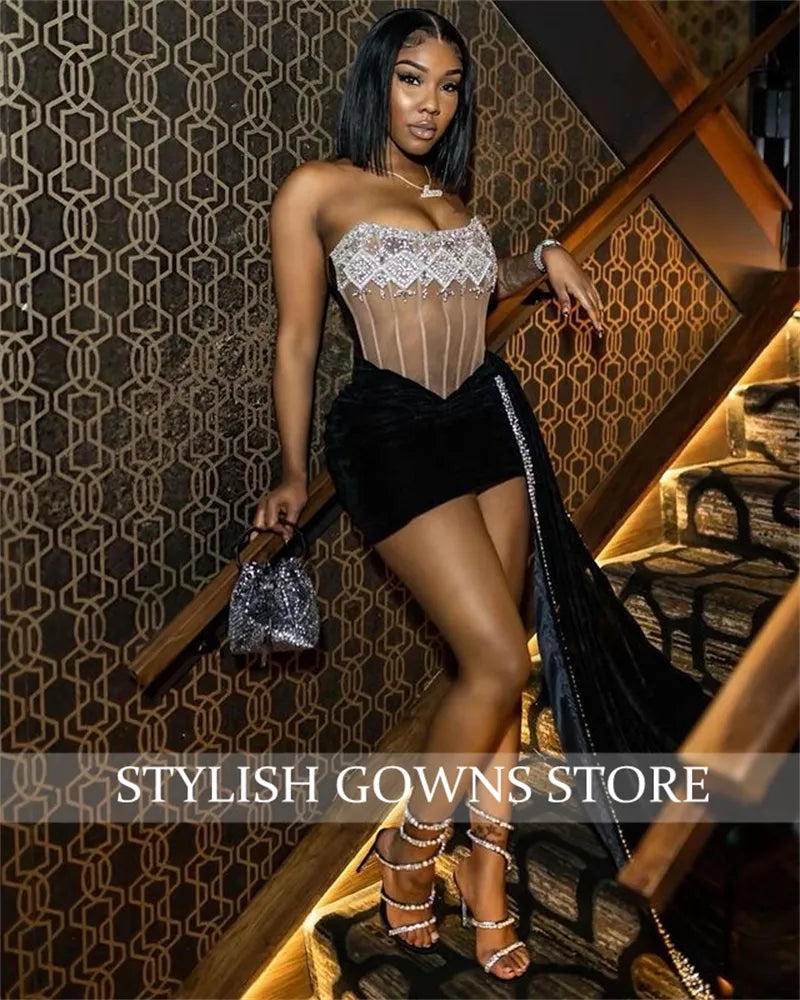 Sexy Velvet Strapless Short Prom Dresses for Black Girls Crystal Beaded Birthday Party Dress Illusion Mini Cocktail Homecoming