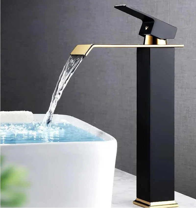 Waterfall Basin Faucet Deck Mounted Bathroom Sink Tap Black Gold Cold and Hot Water Mixer Tap Vanity Vessel Sink Brass Faucets