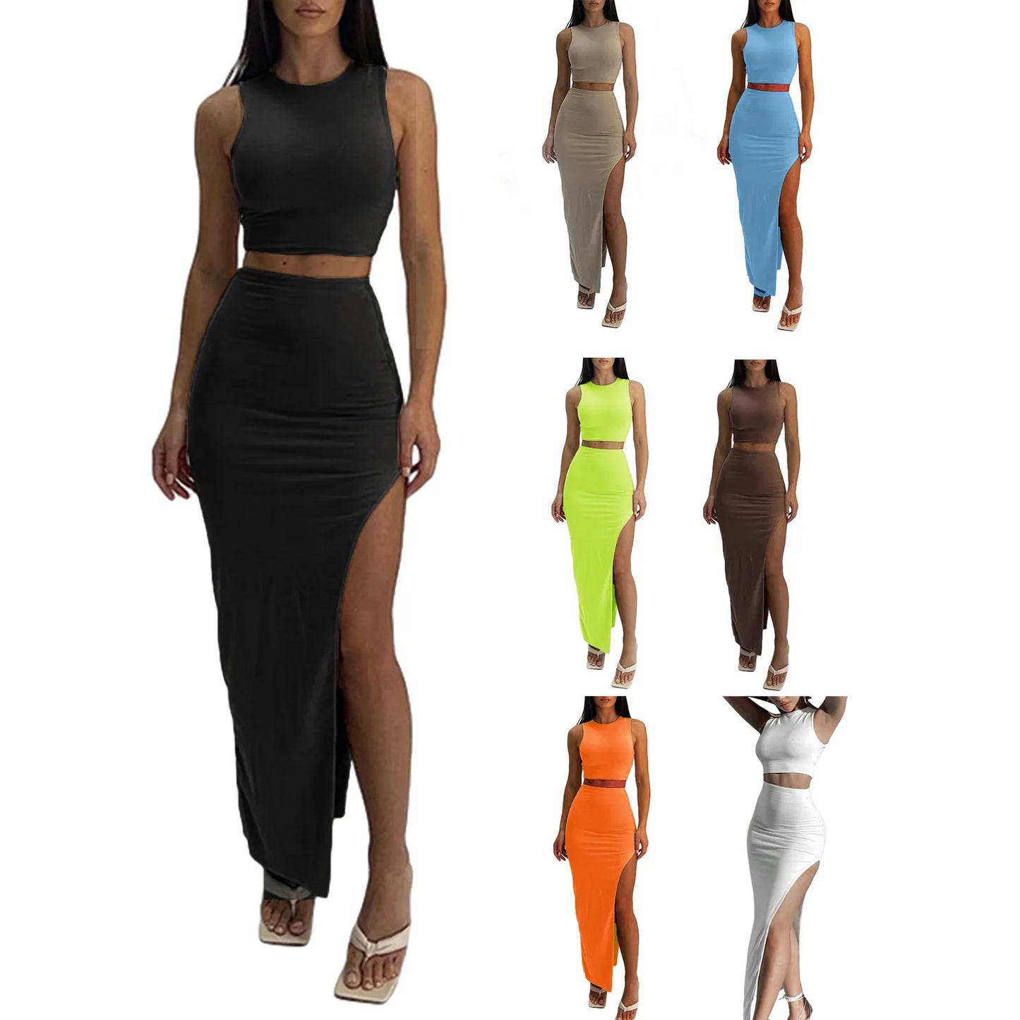 Two Pieces Tops and Skirt Set for Women Summer Suit Y2K Sexy Sleeveless Tank High Slit Long Skirts with Cutout Outfits Clothes