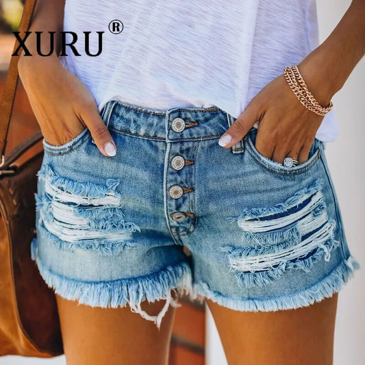 XURU - New Distressed Tassel Jeans Women's Wear, Trendy Shorts Straight Breasted Jeans