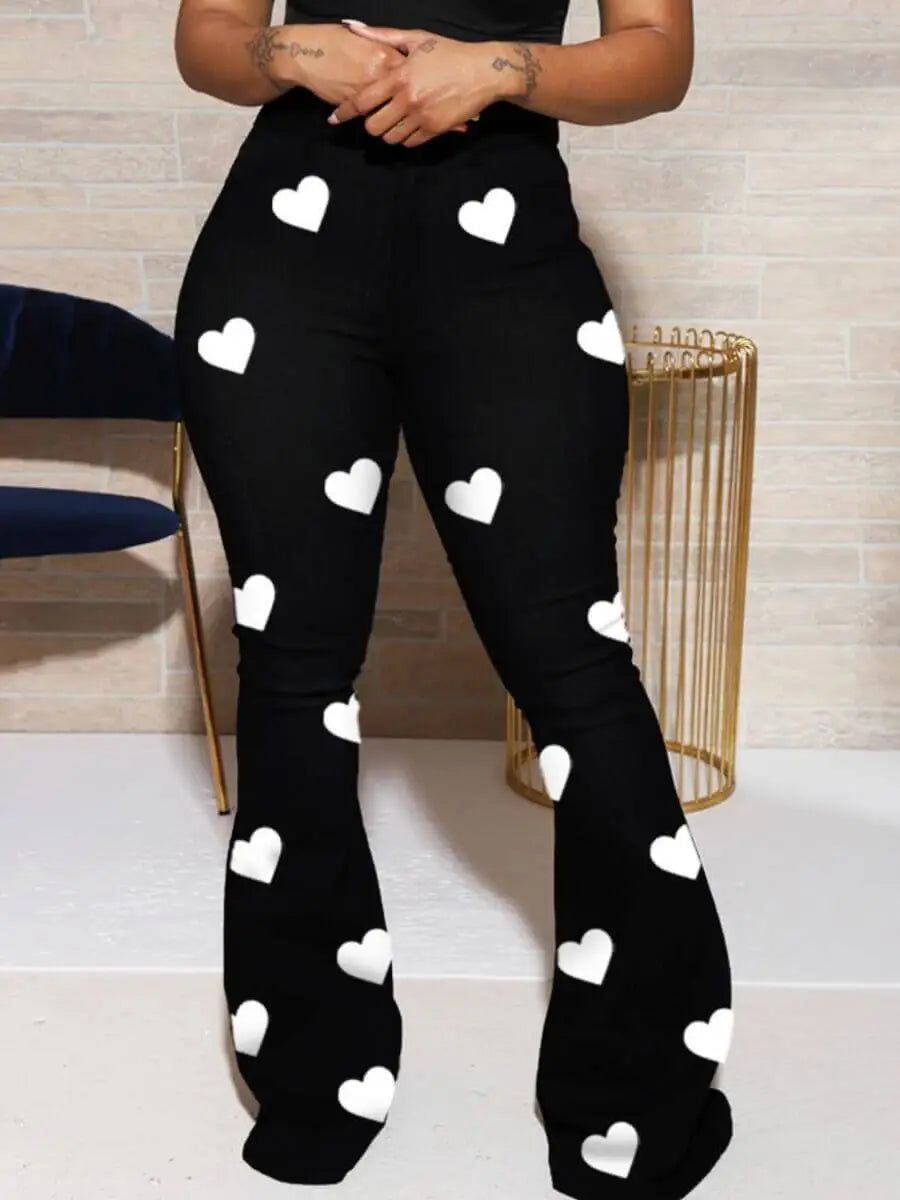 Plus Size High Stretchy Heart Print Pants Women Sexy Butt Lift High Waist Stretchy Pants Causal Flare Pants