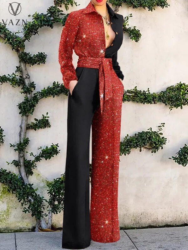 VAZN 2022 Sequins High Street Style Women Spring Fashion New Jumpsuits Long Sleeve Lapel  Jumpsuits Long Pants