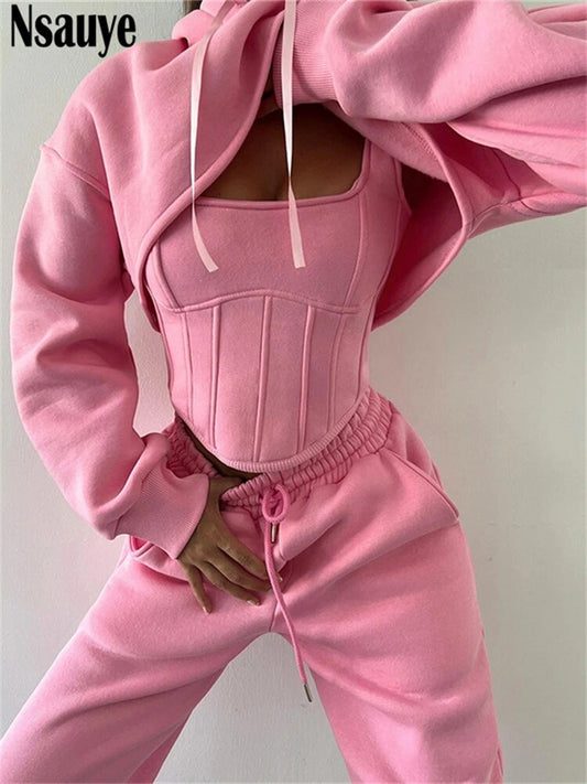 Nsauye Hoodies Women Casual Sport Sweatshirt Pants Tracksuit Y2K Outfits 2023 Fashion Corset Tops Pants Joggers Three Piece Set