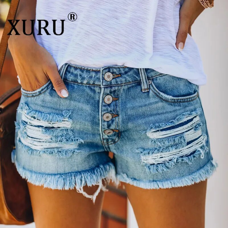 XURU - New Distressed Tassel Jeans Women's Wear, Trendy Shorts Straight Breasted Jeans