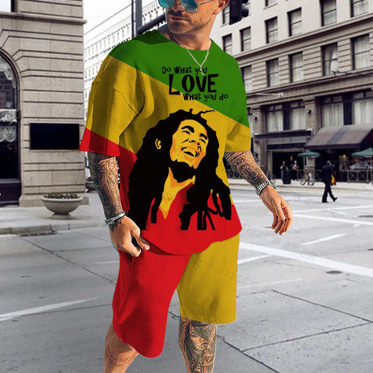 Summer Men's Tracksuit Bob Marley Reggae Music T-Shirt Shorts Set Casual Suit Fashion Outfit Male  One Love