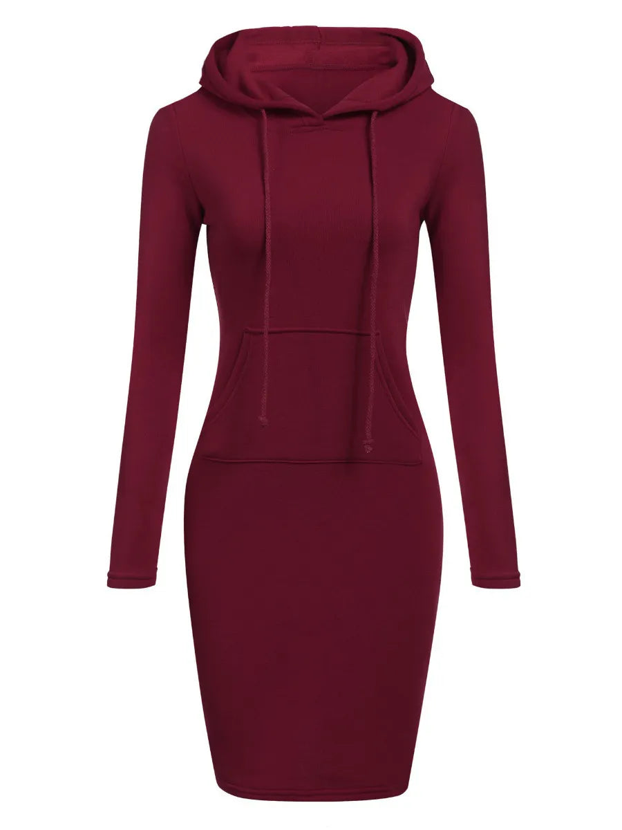 Casual Women Kangaroo Pocket Solid Sweat Dress Hooded Collar Long Sleeve  Fall & Winter Mini Dresses