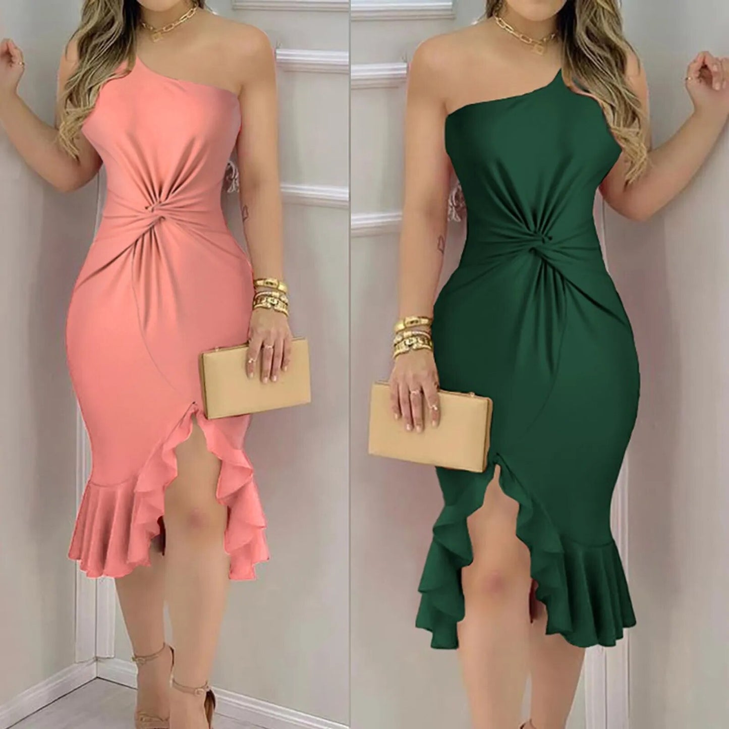 Women's Sexy Summer One Shoulder Short Sleeve Solid Color Cowl Ruffle Dress New Fashion 2023