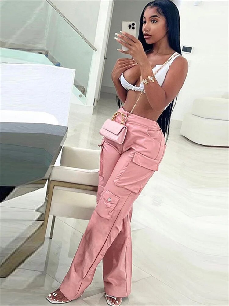 Simenual Fairy Pink Pu Faux Leather High Waist Long Pants Women Casual Streetwear Bottoms Chic Pockets Straight Trousers Y2K New